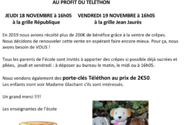 Téléthon 2021 : jeudi 18 novembre (grille République) et vendredi 19 novembre (grille Jean Jaurès) à 16h05